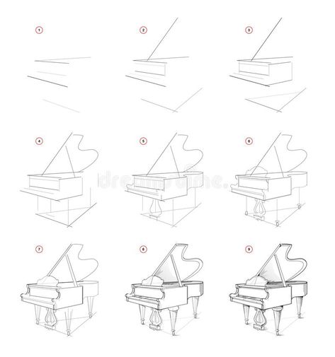 Piano Illustration Drawings, Piano Art Reference, Piano Drawing Pencil, Grand Piano Painting, How To Draw A Piano Step By Step, How To Draw Piano, Piano Sketch Draw, How To Draw A Piano, Piano Art Draw