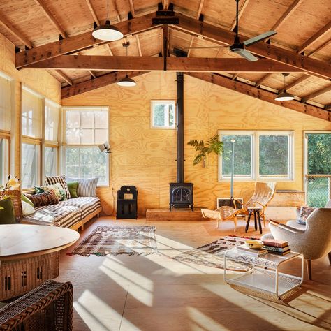 AD100 Designer Charles de Lisle Transforms a Crumbling Cabin Into a Seductive Country Retreat | Architectural Digest Knotty Pine Rooms, Noguchi Lamp, Black Painted Walls, Interior Shutters, Silk Purse, Country Retreat, Isamu Noguchi, Bentwood Chairs, Free Standing Bath