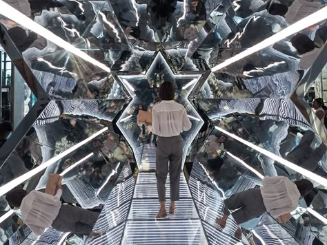 Infinite Wonder on Behance Fashion Art Installation, Event Activations, Fashion Installation, Silver Room, Experiential Design, High Fashion Art, Light Tunnel, Mirror Inspiration, Mirror Installation