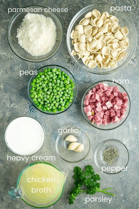 Ham And Peas Casserole, Alfredo With Peas And Bacon, Cold Pasta With Ham, Tagliatelle With Ham And Peas, Ham And Penne Pasta, Pasta Peas Ham, Ham Pea Pasta, Pasta Ham And Peas, Tortellini With Ham And Peas