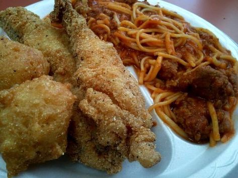 Is Fried Fish and Spaghetti Soul Food’s Most Debatable Dish? | by Adrian Miller | Heated Fish And Spaghetti, Fundraiser Food, Okra And Tomatoes, End Of Story, Oxford Ms, Spaghetti Dinner, Food Fish, Shrimp And Grits, Southern Cuisine