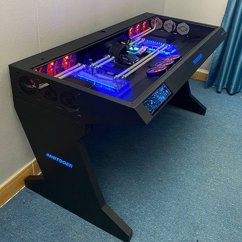 Custom Pc Desk Build, Pc Builds Gaming Custom Computers, Custom Pc Build Ideas, Desk Pc Build, Custom Pc Desk, Custom Computer Desk, Custom Computer Case, Gaming Computer Setup, Home Recording Studio Setup