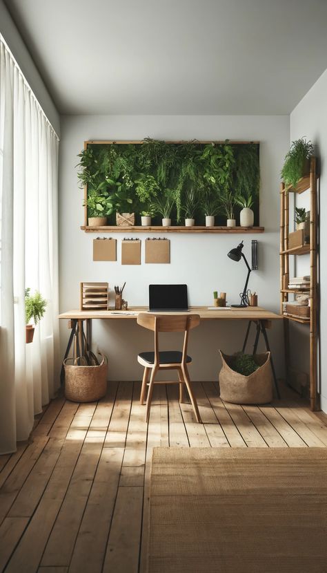 21 Inspiring Office Decor Ideas to Elevate Your Workspace 🌟🏢 Home Office Decor For Men, Simple Wooden Desks, Large Wooden Desk, Recycled Paper Notebook, Large Vertical Garden, Bamboo Shelves, Office Decor Workplace, Natural Office, Eco Friendly Office