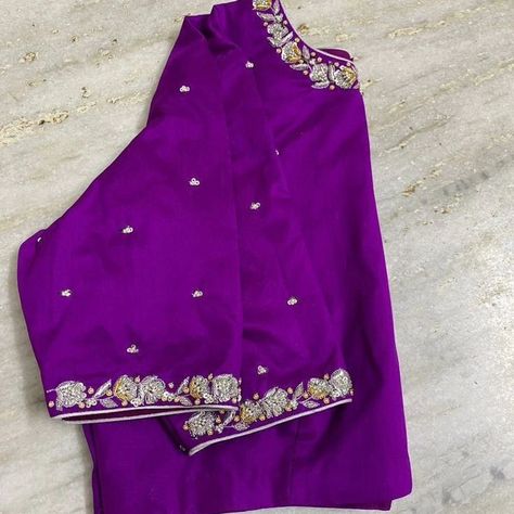 Elevate your wardrobe with our stunning Designer Zardosi Maggam Work Blouses! ✨ - Fabric : Half pattu/Raw Silk - Dispatch: 4 days - Price. : 1900unstitched - 2450stitched With customizable colors and sizes, each blouse is crafted to perfection, just for you! Don’t miss out—transform your outfit with a touch of tradition and elegance. Get yours now and stand out in any crowd! 🌸 Violet Colour Blouse Work Designs, Purple Saree Blouse Combination, Purple Blouse Work Designs, Purple Blouse Designs, Simple Zardosi Work Blouses, Purple Saree Blouse, Saree Blouse Modern, Purple Color Saree, Zardosi Blouse