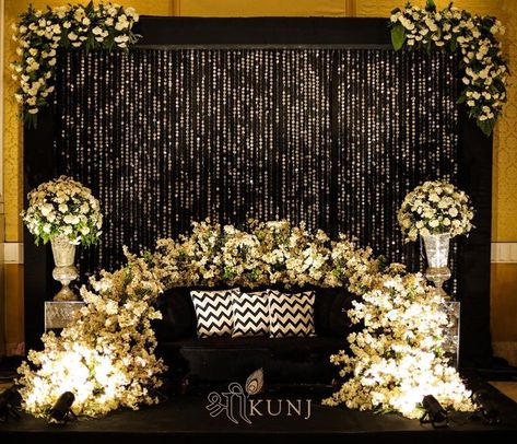 Mini Stage Design Ideas, Glitz And Glam Decorations, Sangeet Stage Backdrop, Indoor Reception Ideas, Glitz And Glam Decor, Sangeet Decoration Night Indoor, Sitting Lounge, Acquaintance Party, Indian Outdoor Wedding Decor