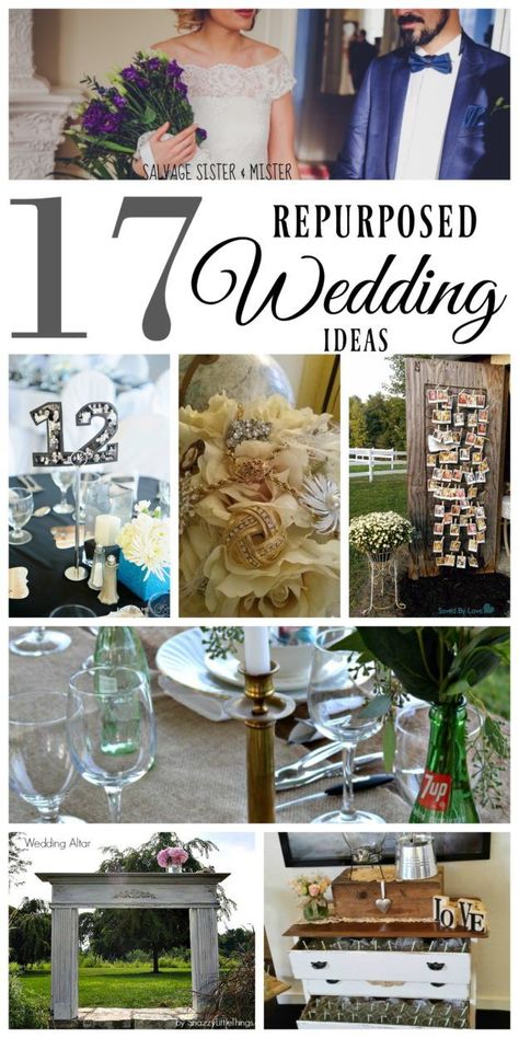 Whether you are looking to save money, want to repurpose or reuse items to create less waste, or want a rustic or vintage feel to your wedding, these 17 repurposed wedding ideas will help you get started planning your wedding.  Great for a green or low waste weddng.  Perfect for a low cost or budget wedding.  You can DIY / upcycle some fun projects.  Ideas for centerpieces, alter, reception, outdoor wedding, ideas for the bride, , wedding decor, table name cards, and more. Wedding Recycle Decor, Recycled Wedding Decor, Wedding Decor That Can Be Reused, Best Wedding Diy Projects, Vintage Decor For Wedding, No Waste Wedding Ideas, Repurposed Wedding Decor, Diy Thrift Store Wedding Decor, Low Waste Wedding Decor