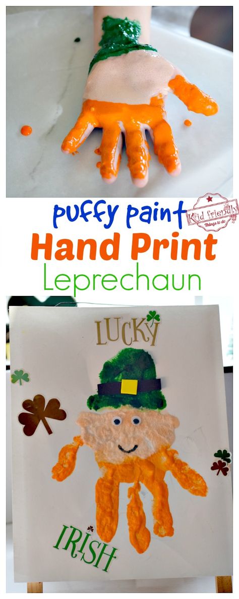 Use puffy paint to make an adorable Handprint Leprechaun Craft with the kids. A St. Patrick's Day craft that's easy and fun to make. www.kidfriendlythingstodo.com #stpatricksdaycraft #leprechauncraft #handprint #stpatricksday #preschool #kindergarten #kids Leprechaun Handprint, Leprechaun Handprint Craft, Handprint Leprechaun, March Handprint Crafts, Leprechaun Art For Toddlers, St Patrick’s Day Activity For Toddlers, St Patrick’s Day Painting For Kids, Saint Patrick’s Preschool Art, St Patrick’s Day Process Art