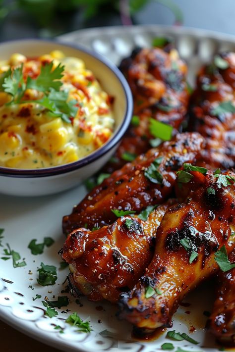 Gluten-Free Mexican Chipotle Wings with Creamed Corn Mexican Wings, Chipotle Wings, Spicy Food Mexican, Abs Excercise, Amazing Appetizers, Dressing Recipes, Star Food, Creamed Corn, Dinner Inspiration