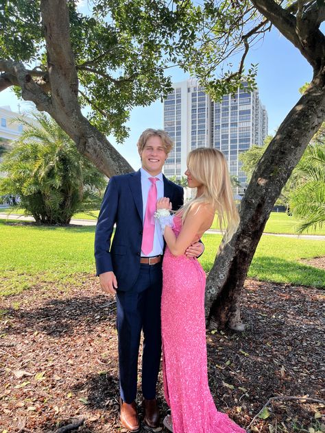 Navy And Pink Homecoming Couple, Prom Dresses With Navy Suit, Navy And Pink Prom Couples, Light Pink Prom Dress With Navy Blue Suit, Bright Pink Prom Couple, Pink And Blue Prom Couple, Homecoming Couples Outfits Pink, Pink Prom Dress And Tux Ideas, Pink Prom Dress And Date