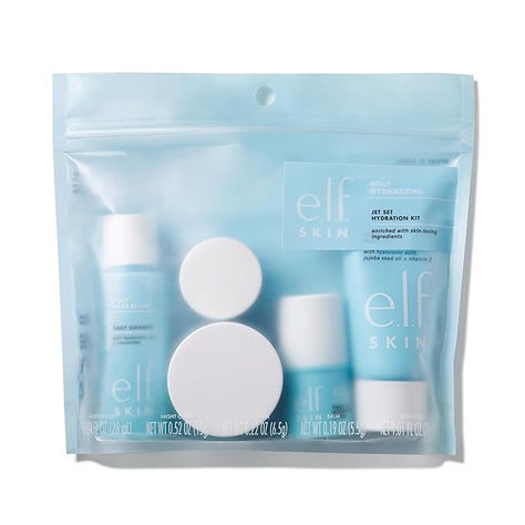 SKINCARE ON THE GO: The e.l.f. Jet Set Hydration Kit contains all of your skincare favourites in a TSA-ready travel-sized kit. The kit includes a Cleanser (30ml), Hydrating Balm (6g), Moisturizer (25ml), Eye Cream (7g) and Night Cream (15g). Hydrating Skincare, Skincare Set, Night Cream, Skin Care Essentials, Face Cleanser, Night Creams, Eye Cream, Facial Cleanser, Street Styles