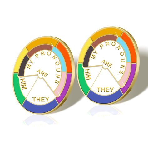 PRICES MAY VARY. INTERACTIVE PRONOUNS WHEEL PIN is an accessory that allows you to easily rotate the small turntable 360º above. It comes in different style, MY PRONOUNS ARE They Them He Him She Her. The charming brooch always is a great accessory for party use, You will love it! TWO BUTTERFLY CLUTCHs design make the pride pins better attach or remove on clothes. The wheel pin is 1.57" diameter and only weigh 18g, it is compact and lightweight, easy to add style and color for backpack, lapel, ha Lgbtq Pins, Crown Clip, Pride Pins, My Pronouns, Pride Stuff, Lgbtq Rainbow, Pride Art, Rainbow Pin, Pride Day