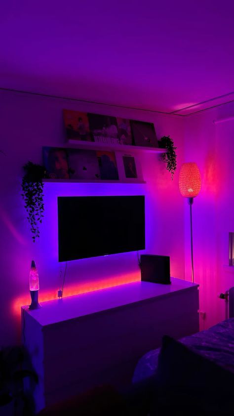 Dark Room Vibes, Room Ideas Purple Aesthetic, Apartment Ambient Lighting, Bedroom Inspirations Tv, Tv In Room Aesthetic, Tv In Room Bedroom, Lava Lamp Aesthetic Room, Tv In Bedroom Aesthetic, Room Inspo Led Lights