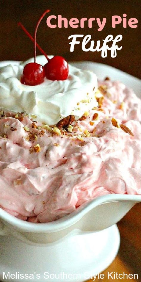 No Bake Cherry Pie, Cherry Fluff, Fluff Recipe, Fluff Desserts, Cherry Desserts, Jello Recipes, Cherry Recipes, Fruit Salad Recipes, Cherry Pie Filling