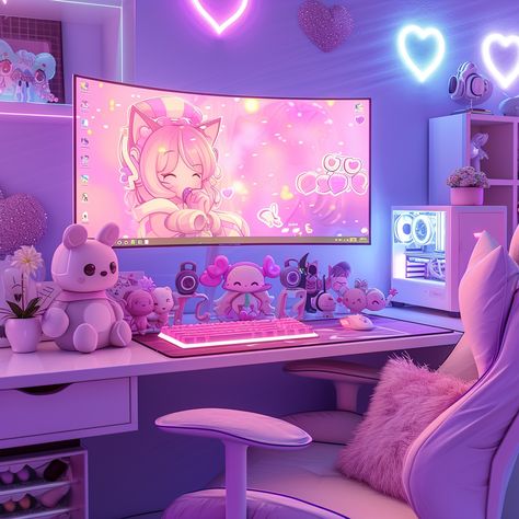 Pink And Purple Gaming Setup, Cat Earphones, Streaming Room, Pc Decoration, Games Room Inspiration, Bedroom Gaming, Gaming Desk Setup, Gaming Wallpaper, Gamer Room Decor