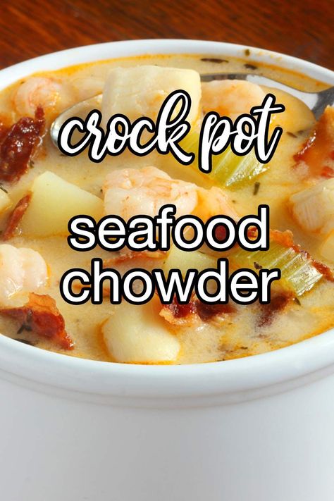 Slow Cooker Seafood Chowder - Rich and creamy and packed full of seafood. This chowder boasts a blend of clams, shrimp, and crab in a cream-based soup. | CDKitchen.com Easy Crockpot Clam Chowder Recipe, Crockpot Shrimp Soup Recipes, Fish In Crockpot Recipes, Seafood Crockpot Recipes Slow Cooker, Seafood Bisque Crockpot, Slow Cooker Seafood Chowder, Crock Pot Seafood Recipes, Slow Cooker Seafood Recipes, Crockpot Seafood Chowder