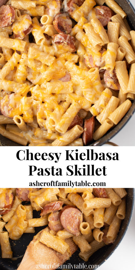 Cheesy kielbasa pasta in a skillet. Cheesy Kielbasa Pasta, Cheesy Kielbasa, Rigatoni Noodles, Kielbasa Pasta, Fall Dinner Ideas, Smoked Sausage Pasta, Most Popular Dinner Recipes, Pasta Skillet, Smoked Sausage Recipes