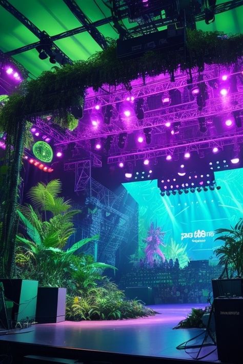 Neon Jungle Wedding, Dj Stage Design, Futuristic Event, Nightclub Ideas, Miami Night Club, Picnic Gathering, Tropical Dance, Miami Vice Theme, Welcome Back Party