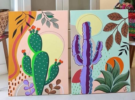 Abstract Boho Painting Acrylic, Cute Colorful Paintings, Outdoor Painting Ideas, Bohemian Painting Ideas, Boho Painting Ideas On Canvas, Cactus Painting Acrylic, Canvas Painting Videos, Boho Canvas Painting, Intermediate Acrylic Painting