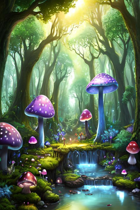 Experience the whispers of the night as you discover the beauty of a fantasy nature dusk in a mystical forest. Lose yourself in the serene ambiance, where towering trees, glowing mushrooms, and fireflies create a mesmerizing scene. Glowing Mushrooms, Mushroom House, Fantasy Forest, Forest Creatures, Enchanted Garden, Types Of Printer, Enchanted Forest, Mosaic Crafts, Digital Art Prints