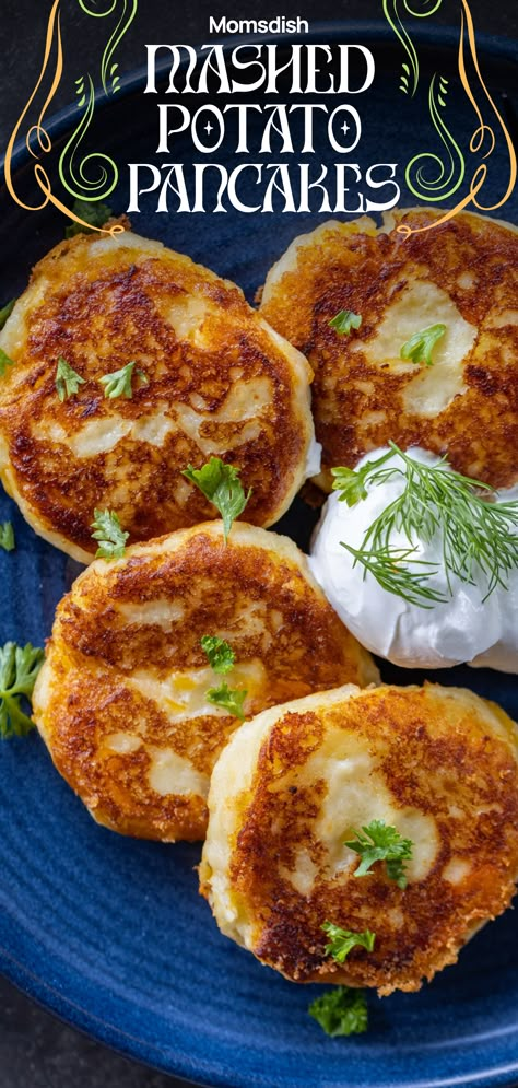 Mashed potato pancakes are pancakes made from leftover mashed potatoes. Enjoy these delicious and savory pancakes for breakfast or any time of the day. Mashed Potatoes Fritters, Potato And Cheese Pancakes, Potato Pancakes With Leftover Mashed Potatoes, Eggs And Mashed Potatoes, Potato Pancakes With Cheese, Leftover Potato Pancakes, How To Make Potato Pancakes From Mashed Potatoes, Potato Pancakes From Mashed Potatoes Air Fryer, Potato Pancakes From Mashed Potatoes Easy