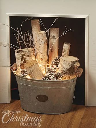 Country Sampler :: Enhance Your Home with Simple Winter Accents - Country Sampler Extra - December 28, 2021 - Vol. 10 No. 11 Rustic Winter Wonderland Christmas, Country Winter Decorating Ideas, Birch Twigs Decor, Rustic Snowman Decor, Farmhouse Fireplace Ideas Rustic, Country Christmas Decorations Farmhouse, Fireplace Ideas Rustic, Birch Log Decor, Xmas Wall Decorations