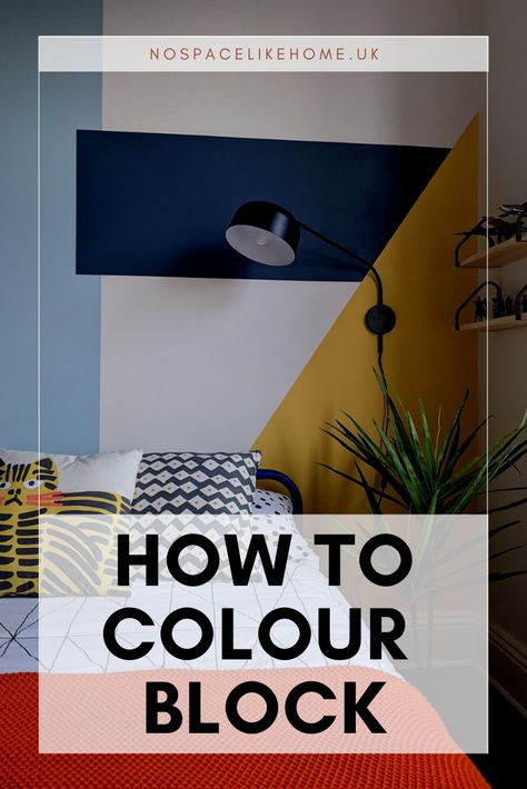 Blue and yellow colour blocks behind bed 2 Colours Wall Paint, Cozy Living Rooms Colour Schemes, Colour Blocking Walls Bedroom, Paint Colour Blocking, Color Block Walls Bedroom, Colour Block Feature Wall, Colour Block Kitchen Walls, Colour Block Painting Walls, Color Block Home Office