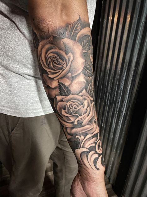 Forearm Sleeve Flowers, Men Roses Tattoo, Rose Full Sleeve Tattoo For Men, Greek Rose Tattoo, Backside Forearm Tattoo, Rose On Elbow Tattoo, Forearm Tattoo Men Sleeve Flowers, Wrist Sleeve Tattoo Men, Forearm Tattoo Men Rose