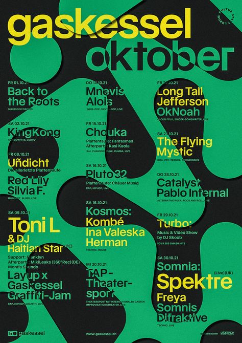 “gaskessel oktober” poster, 2021, by Kai Damian Matthiesen, Switzerland - typo/graphic posters Anti Design Poster, Lineup Poster, Festival Ads, Event Poster Design Inspiration, Anti Design, Clean Branding, Business Flyer Design, Typo Poster, Graphic Posters