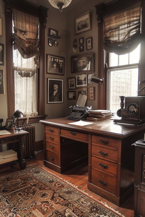 Vintage Office Ideas, Vintage Office Design, 1920s Office, Typewriter Aesthetic, Victorian Writing Desk, Antique Wooden Desk, Dark Academia Desk, Victorian Study, Victorian Office