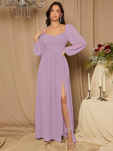 Mauve Purple  Collar Long Sleeve Woven Fabric Plain A Line Embellished Non-Stretch  Weddings & Events Purple Bridesmaid Dresses, Purple Plus Size Dresses, Latest Bridesmaid Dresses, Purple Long Dress, Purple Bridesmaid Dress, Winter Formal Dresses, Bridal Party Dresses, Long Bridesmaid Dress, Women Formals