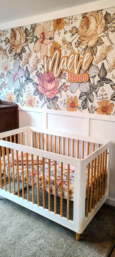 Nurseries are the perfect place to go bold with wallpaper. 😍 Boho Nursery Name Sign, Room Ideas Dark, Nursery Name Sign, Custom Name Sign, Girl Nursery Room, With Wallpaper, Wood Name Sign, Wood Names, Nursery Room Inspiration