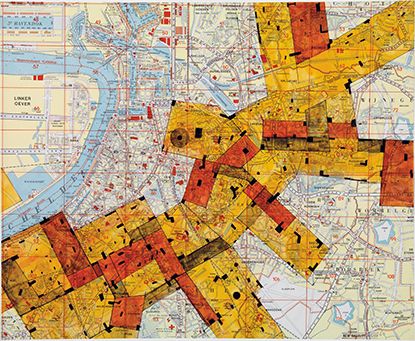 Constant, New Babylon-Antwerp, 1963, ink on city map, 52 × 64 cm. A member of the Situationist International, Constant was a friend of Lefebvre’s and shaped his understanding of the relationship between action, encounter and space. Courtesy: Fondation Con Situationist International, Cartography Art, City Planner, Printed Pages, Map Design, City Maps, Alam Yang Indah, Architecture Model, Banksy