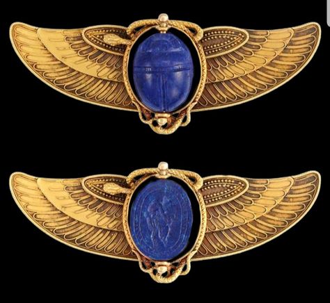 Egyptian Revival Gold and Lapis Scarab Brooch, Centering a rotating oval lapis scarab surrounded by a gold serpent, flanked by finely detailed gold wings, circa 1870. Scarab Ring Gold, Egyptian Lapis Jewelry, Golden Scarab, Scarab Beetle Wings Open, Winged Scarab Necklace, Scarab Pendant, Egyptian Revival Jewelry, Tutankhamun, Egyptian Revival