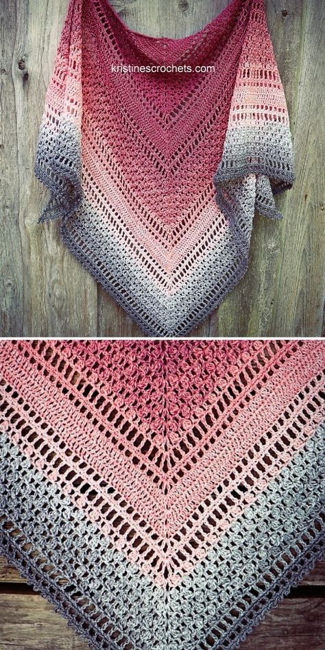 I love beautiful ombre yarns, so this shawl by Kristine immediately caught my eye. Combination of stitches makes it look very sophisticated, but in fact it’s not that hard to make. Remember that you can start ombre yarn from both ends, so in this case the shawl would be grey with a pink trim. #freecrochetpattern #crochetpattern #crochetshawl Free Crochet Scarf Patterns, Free Crochet Scarf, Crochet Scarf Patterns, Triangle Crochet, Crochet Triangle Shawl Pattern, Crochet Shawl Diagram, Crochet Triangle Scarf, One Skein Crochet, Crochet Shawl Free