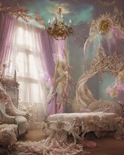 Angel Bedroom Aesthetic, Mermaidcore Bedroom, Angelcore Bedroom, Fairy Aesthetic Bedroom, Ethereal Bedroom Aesthetic, Ethereal Bedroom, Fairycore Bedroom, Sea Elf, Ethereal Decor