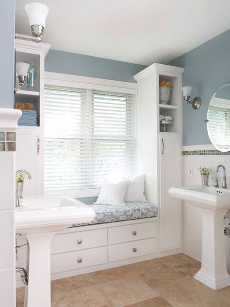 Bathroom Bench, Cozy Window Seat, Architecture Renovation, Open Bathroom, Budget Bathroom Remodel, Blue Paint Colors, Bathroom Windows, Budget Bathroom, Trendy Bathroom