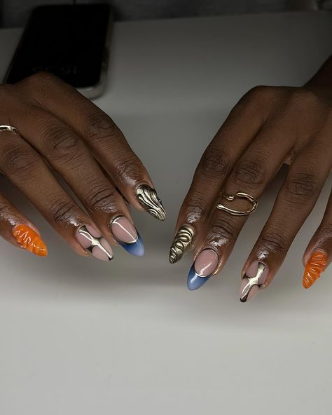 🍊🫐✨ inspo: @traciethetech #nails #nailart #naildesign #nailinspo #chromenails #3dnailart #3dnails #gelx #gelxnails #gelxinspo #cltnails #cltnailtech #almondnails Metallic 3d Nails, Ethereal Nails, Acrylic Nail Kit, Edgy Nails, Y2k Nails, Girls Nails, Summer 24, Funky Nails, 3d Nail Art