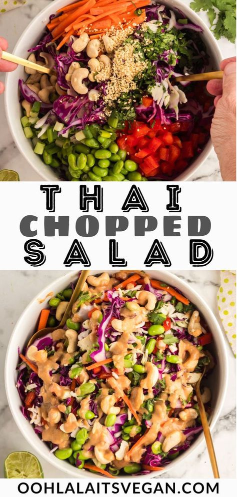 a collage of thai chopped salad for Pinterest Thai Chickpea Salad, Vegan Thai Salad, High Protein Chopped Salad, Raw Vegan Salad Recipes, Low Carb High Protein Vegetarian Recipes, Protein Salad Vegetarian, High Protein Vegan Salad, Vegan Thai Recipes, Thai Cabbage Salad