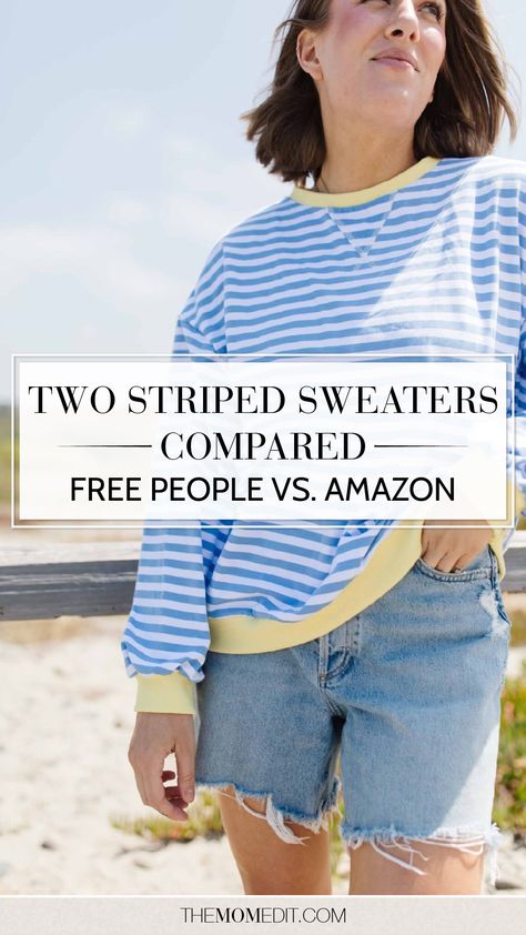 In this review, Amy tests out an Amazon sweater to see how it compares to the famous Free People striped crewneck sweatshirt. | #TheMomEditStyle #FashionBlog #FreePeopleSweatshirt #AmazonFashion #StripedSweater #DenimShorts Amazon Sweater, Outfits With Striped Shirts, Mom Edit, Starting Fresh, Striped Sweatshirt, Striped Crewneck, Striped Shirt Women, Amazon Clothes, Striped Sweatshirts