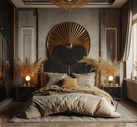 Masculine Art Deco Bedroom, Great Gatsby Bedroom, 20s Bedroom, Art Deco Bedroom Design, Gatsby Interior Design, Contemporary Art Deco Interior, Art Deco Interior Bedroom, Modern Art Deco Bedroom, Spanish Bedroom