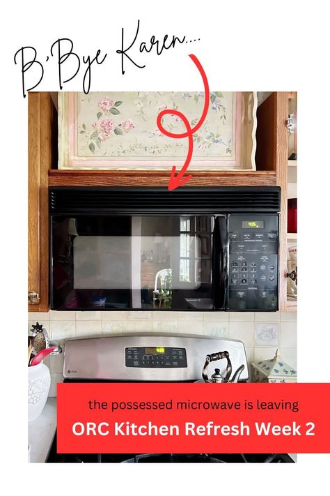 the microwave is leaving! Microwave Shelf Ideas, Stove Makeover, Microwave Kitchen, Microwave Shelf, Update Cabinets, Kitchen Refresh, Smooth Sailing, Curved Wood, One Room Challenge