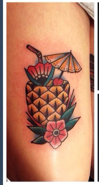 Pineapple Drink Tattoo, Pina Colada Tattoo, Drink Tattoo, Cocktail Tattoo, Tattoo Pretty, Pineapple Tattoo, Fruit Tattoo, Tattoo Vintage, Pina Coladas