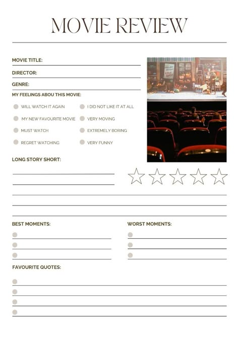 Movie review, critical analysis, and rating of a film, discussing plot, characters, and cinematic techniques. Movie Critic Template, Movie Reviews Template, Movie Prompt Ideas, Film Analysis Worksheet, Movie Diary Ideas, Film Club Ideas, Movie Review Aesthetic, Film Journal Template, Movie Rating Journal