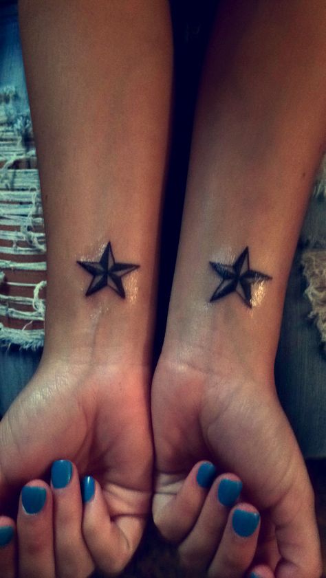 My new nautical stars! Couples Star Tattoos, Couple Tattoos Nautical, Nautical Star Lesbian Tattoo, Sailor Finger Tattoos, Lesbian Nautical Star Tattoo, Notical Stars Tattoo, Nautical Star Tattoo Women, Jesse Tattoo, Nautical Star Tattoo