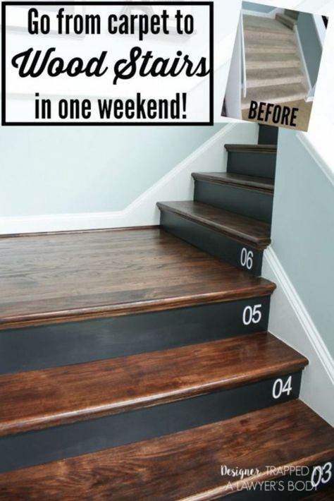 WOW, WOW, WOW! This DIY staircase makeover was accomplished in a weekend and looks like a professional job! Need to tackle your own staircase makeover? Come check out full details from Designer Trapped in a Lawyer's Body! Removing Carpet From Stairs, Stairs Makeover Design, Diy Stairs Makeover, Diy Staircase Makeover, Stairs Makeover Ideas, Wood Stair Treads, Diy Staircase, Stairs Makeover, Staircase Remodel