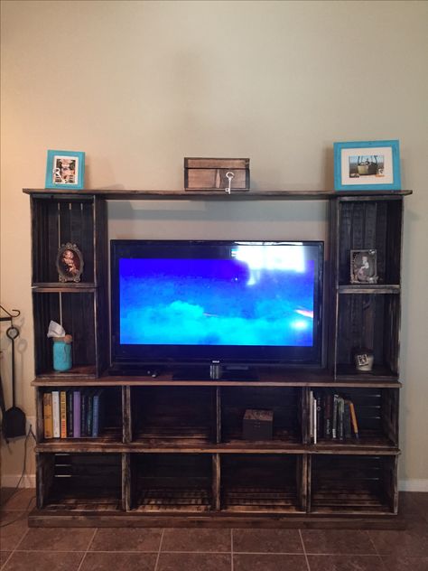 Wooden crate entertainment center TV stand Crate Entertainment Center Diy, Wooden Crate Entertainment Center, Crate Entertainment Center, Wood Crate Entertainment Center, Diy Pallet Tv Stand, Wooden Crate Tv Stand, Wood Crate Tv Stand, Tv Stand Storage Ideas, Diy Tv Stands