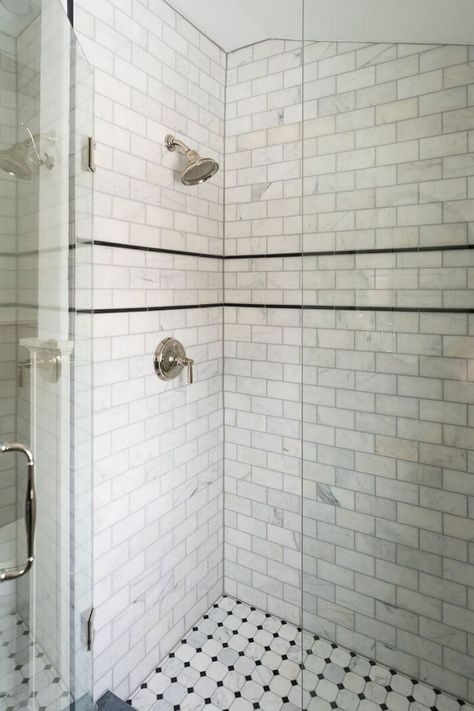 Function meets beauty in a 1920s Tudor home Subway Tile With Marble Accent, Subway Tile Shower With Pencil Trim, Shower Tile With Accent Strip, Striped Shower Tile, Marble Subway Tile Bathroom, Marble Shower Floor, Corner Shower Tile, 1920 Bathroom, 1920s Tudor