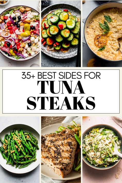 Wondering what to serve with tuna steaks for dinner? I've got you covered with this handy guide. Here's 35+ of the best sides, from salads, vegetables, grains and more! Ahi Tuna Pasta, What To Eat With Tuna Steaks, Seared Ahi Tuna Sides, Healthy Tuna Steak Dinner Recipes, Ahi Tuna Sides, What To Serve With Ahi Tuna Steaks, Sides For Seared Ahi Tuna, Sides For Tuna Steak Dinners, Tuna Steak Meal Ideas