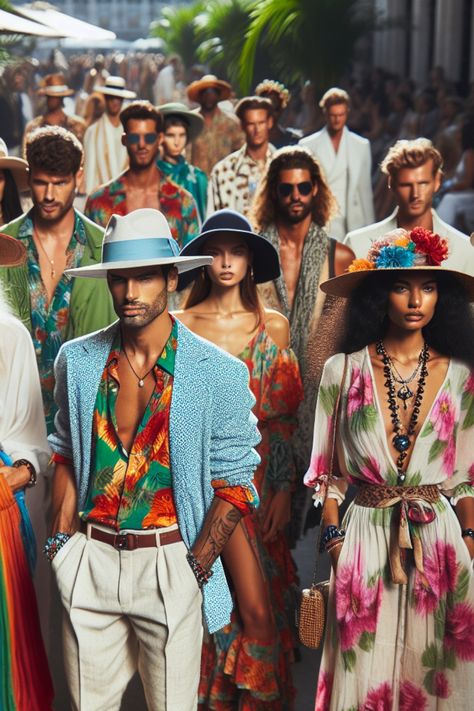 Fashion models wearing colorful, tropical-themed outfits and hats walk down a runway lined with palm trees. Fall Wedding Attire, Tropical Outfit, Jumpsuit Chic, Tropical Dress, Bold Patterns, Summer Soiree, Flowy Maxi Dress, Tropical Style, Tropical Paradise