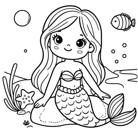 Mermaid Coloring Pages ᗎ Coloring Book – Coloring Template - yoyoColoring Mermaid Sketch Simple, Mermaid Coloring Pages Free Printable, Mermaid Template, Mermaid Printables, Coloring Template, Mermaid Drawings, Mermaid Coloring Pages, Simple Line Drawings, Easy Coloring Pages